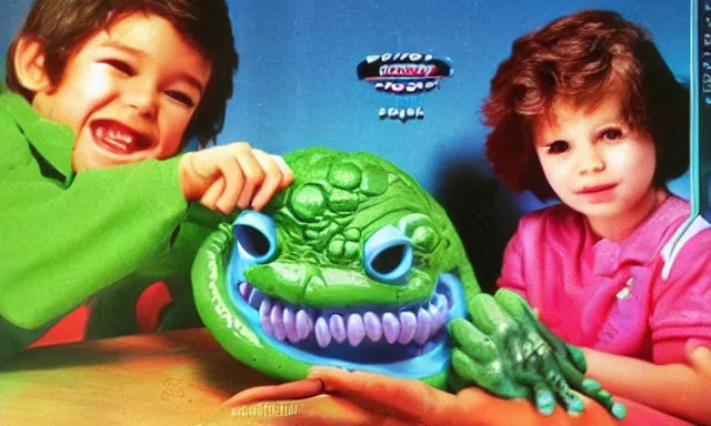 Image similar to kid playing with slime monster, realistic, detailed faces, toy commercial photo,toy magazine, highly detailed, photo from the 80s