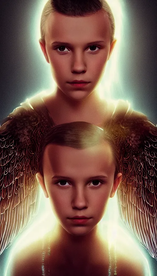 Image similar to portrait art of millie bobby brown or alicia vikander as a blonde angel, art by alessio albi 8 k ultra realistic, angel wings, lens flare, atmosphere, glow, detailed, intricate, full of colour, led lighting, trending on artstation, 4 k, hyperrealistic, focused, extreme details, unreal engine 5, masterpiece