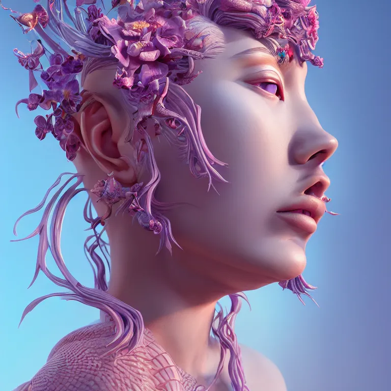 Image similar to goddess full painted acryllic sculpture close-up portrait. orchid bird betta fish, intricate artwork by Tooth Wu and wlop and beeple. octane render, trending on artstation, greg rutkowski very coherent symmetrical artwork. cinematic, hyper realism, high detail, octane render, 8k