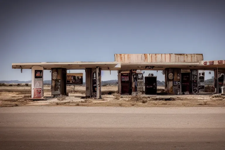 Prompt: an abandoned gas station in the american west