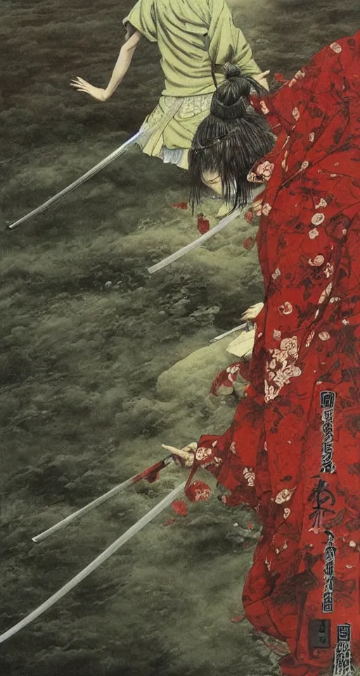 Image similar to Japanese schoolgirl runs away from Samurai with a katana on the subway, high detailed Beksinski painting, part by Adrian Ghenie and Gerhard Richter. art by Takato Yamamoto. masterpiece, deep colours, red