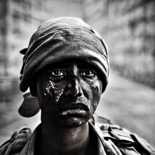 Image similar to soldier!!!!! portrait!!!!! pain, eyes, sadness, soft focus, national geographic