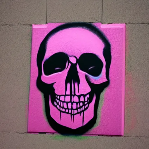 Prompt: a skull spray painted on a wall with dripping pink spray paint, pixel art