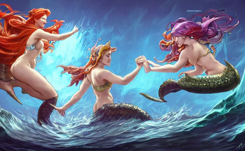 Image similar to two mermaids leaping from water to fistbump, fantasy, whimsical, dungeons and dragons, league of legends splash art, heroes of the storm splash art, hearthstone splash art, world of warcraft splash art, overwatch splash art, art by artgerm, art by alphonse mucha, intricately detailed, highly detailed, trending on artstation,