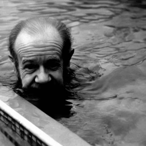 Prompt: george carlin swimming in a pool, photography, silly,