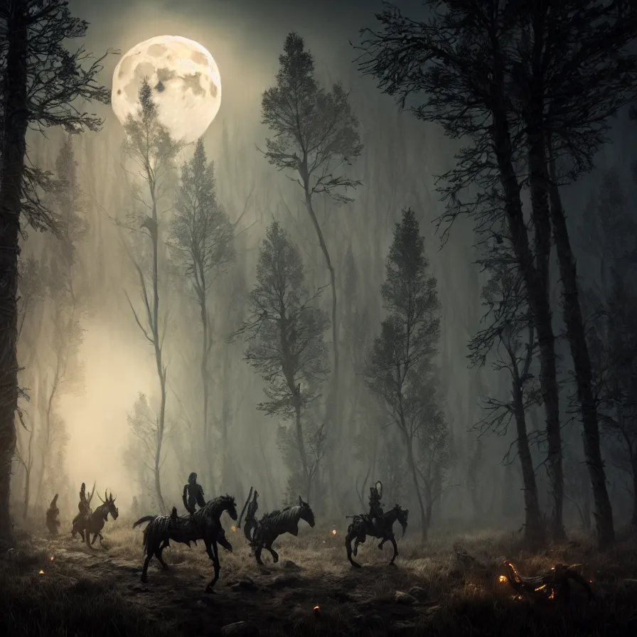 Image similar to the wild hunt, ghost riders in the full moon, skeletal shadow creatures, lurking enchanted forest, blizzard, mist, treacherous road, uneasy atmosphere, from the witcher, cinematic, arnold gpu, octane workflow, 8 k, unreal 5, hyperrealist, intricate digital art, volumetric lighting, trending artstation, dark fantasy