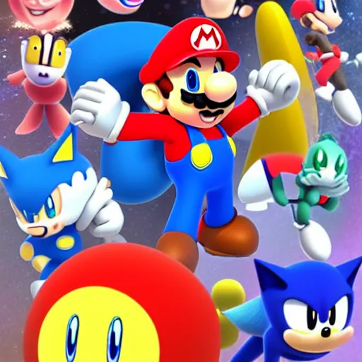 Image similar to super mario, kirby, sonic the hedgehog, super smash bros, star wars themed movie poster high detail accurate eyes and good gesture poses, pokemon anime cartoon style