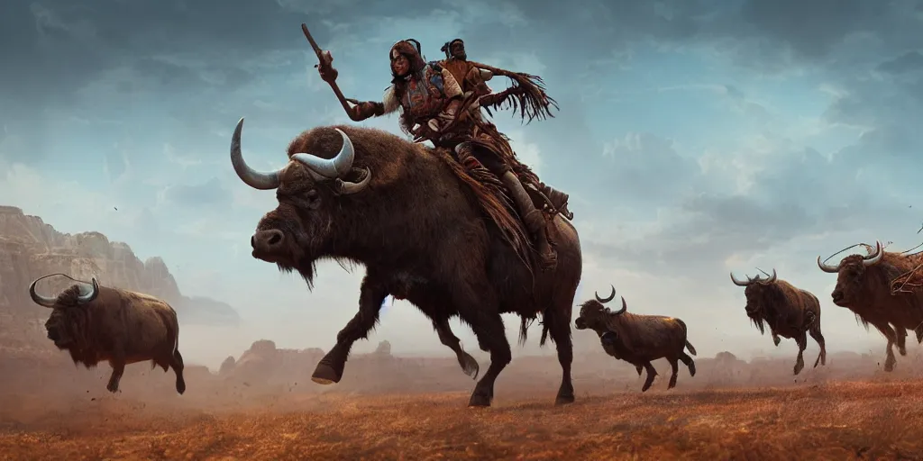 Image similar to running buffalo chase ,buffalos, native indian riding ancient atv, attacking, action scene, an epic fantasy, dramatic lighting, cinematic, establishing shot, extremely high detail, photorealistic, cinematic lighting, artstation, octane render, by simon stalenhag, horizon forbidden west and futuristic western