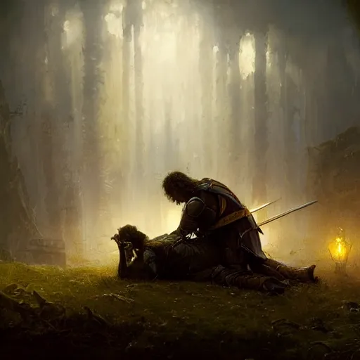 Prompt: masterpiece a knight kneeling over his dead dead dead friend lying before him and crying crying crying, by Greg Rutkowski Thomas Kincade, detailed, 4k, cinematic, intense, gritty, fantasy, two characters, melancholy