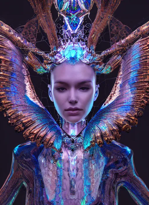 Image similar to a hybrid humanoid androgyne muse with recursively horned wing crown attached to side of xenopunk head, concept art, sculpted iridescent optical mineralogy features, intricate detail, holographic, pixel sorting, style by James Jean, circuitry, organic detail, asymmetry, cinematic, epic wide shot, ultra detailed, artstation, sharp focus,smooth, cinematic lighting, cinematic detail, composition, photorealistic, render in unreal engine 5, golden ratio, 8k render
