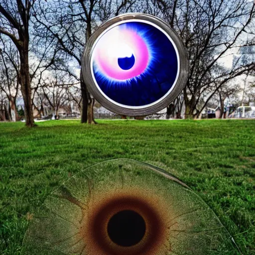 Prompt: a photorealistic picture of a large eyeball in the middle of a park