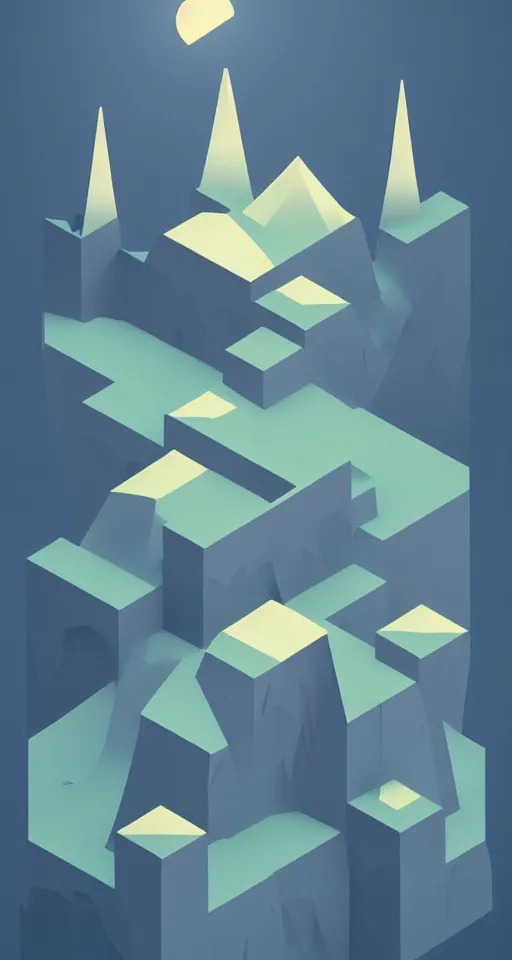 Prompt: geometric design minimalist isometric mountain with full moon behind the top, trending on artstation, cute digital art, monument valley