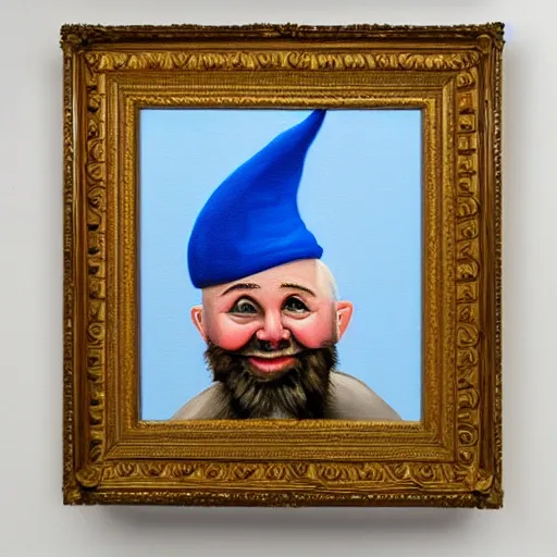 Image similar to professional oil painting portrait of a happy blue gnome, 8k, very intricate, very detailed, formal,