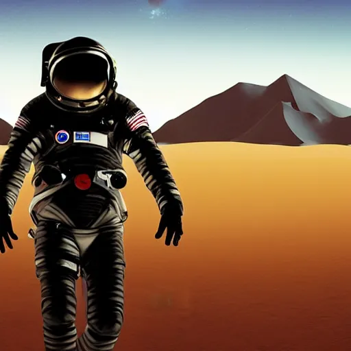 Prompt: a movie still of a spaceman in a futuristic black space suit on a desert planet