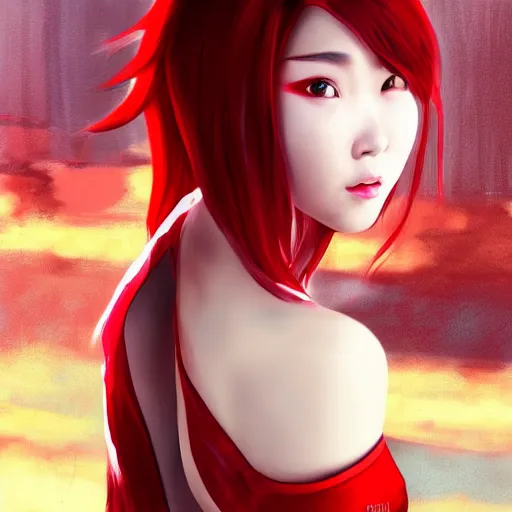 Image similar to half length portrait of a half - chinese teenage girl with short red hair and red outfit, still from arcane : league of legends, 3 d painting, digital art, anime