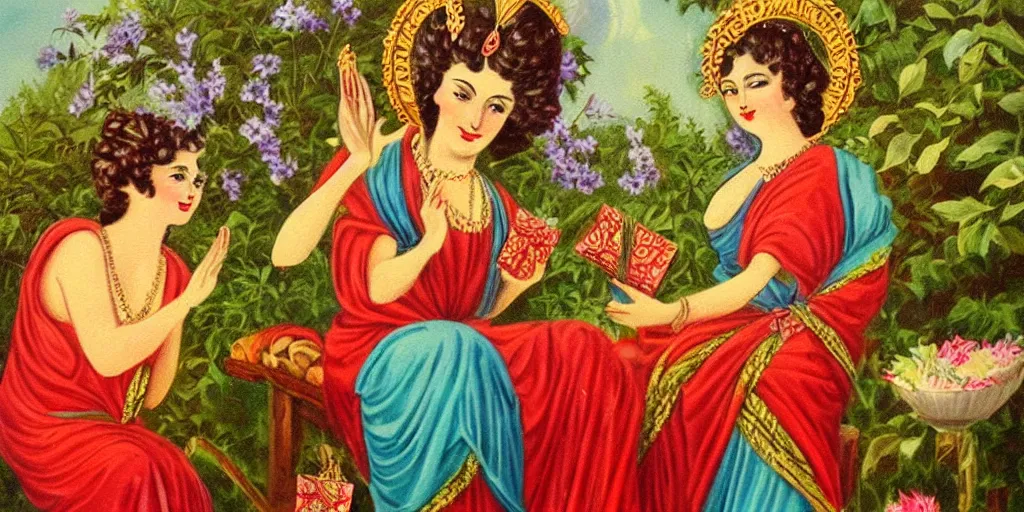 Prompt: vintage beautiful painting of goddess' gifts