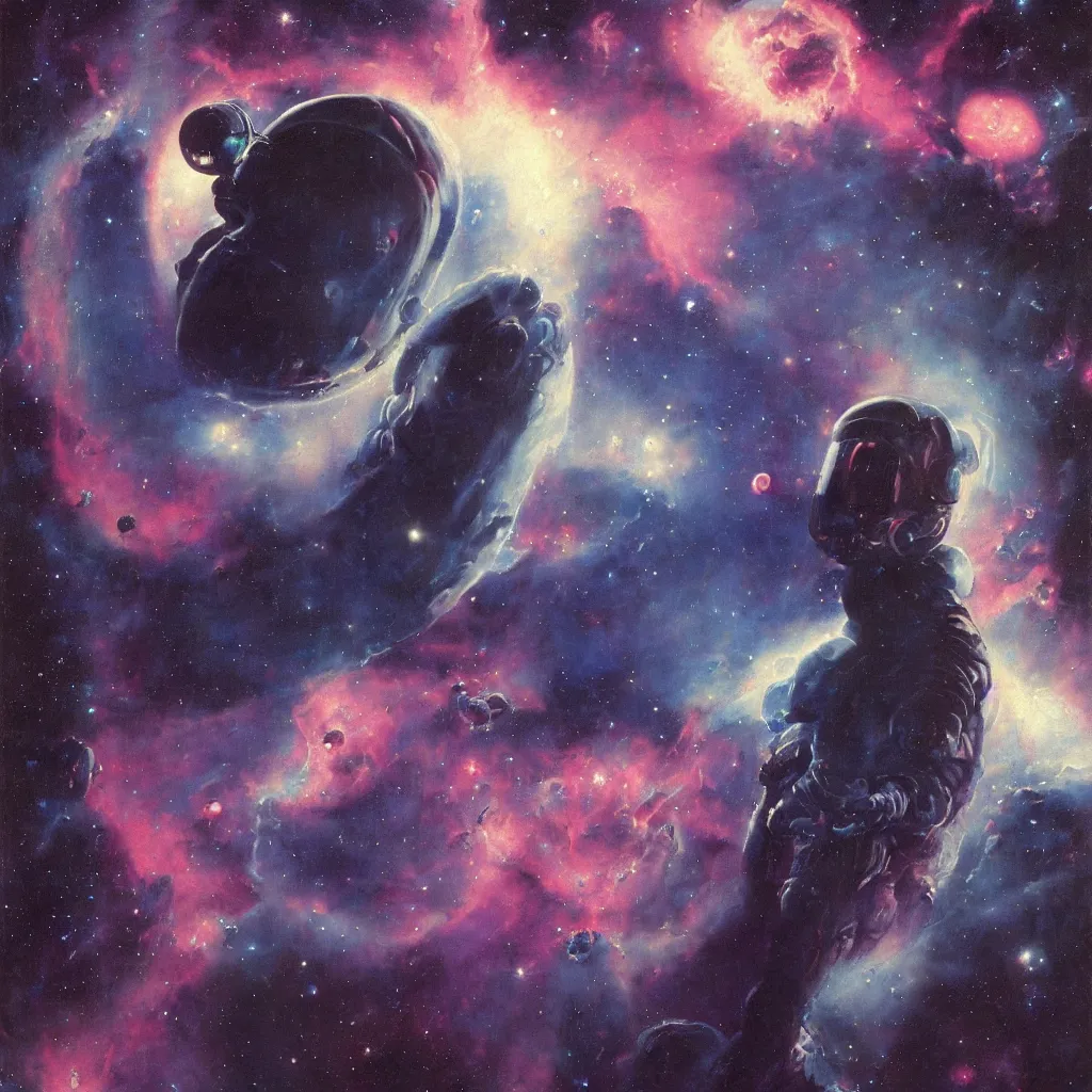 Prompt: a close - up view, renaissance portrait of a future space astronaut surrounded by nebula. deep blue and pink tones. gloomy dark black background. highly detailed fantasy science fiction portrait painting by norman rockwell, moebius, frank frazetta, and syd mead. rich colors, high contrast. artstation