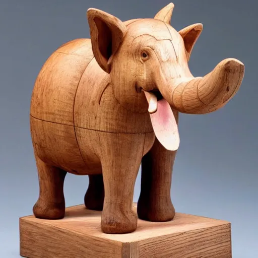 Prompt: a wooden sculpture of a man riding a pig / elephant