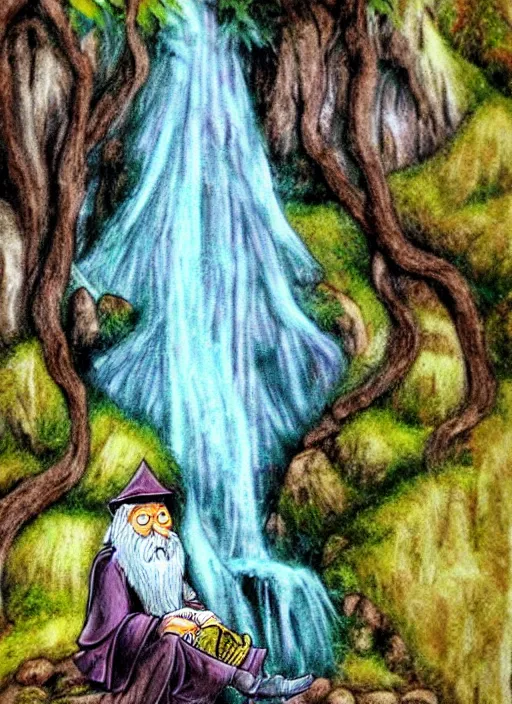 Image similar to old wise wizard sitting next to waterfall in the mountains, trending on deviantart, lord of the rings, detailed, colorful