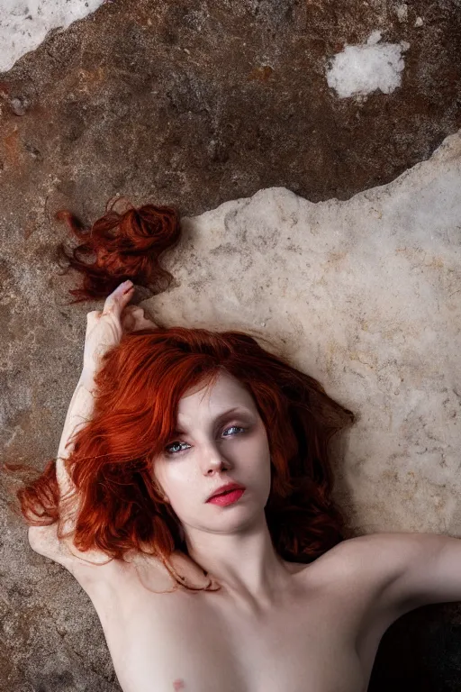 Image similar to A girl with a golden body, red hair, bronze eyes, lies in white water, marble background, bright light, Anachronism, Photorealism, 4k