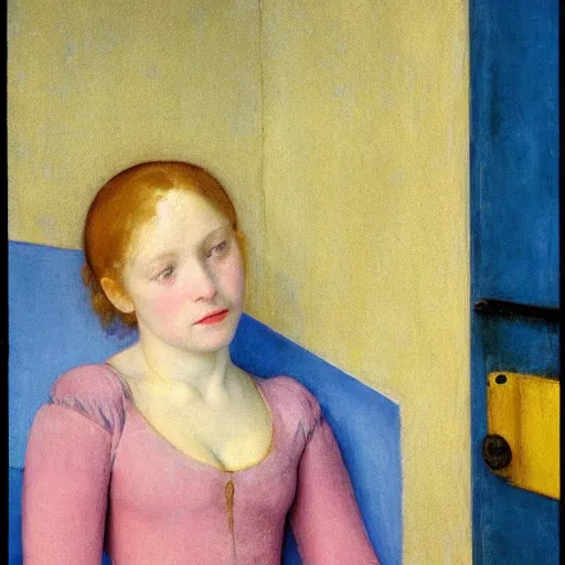 Prompt: close up of an ivory girl in a blue and gold haunted liminal abandoned room, film still by edward hopper, by Pontormo, by klimt, pre-raphaelite. art noveau, art noveau, highly detailed, strong lights, liminal, eerie, Bright pastel colors