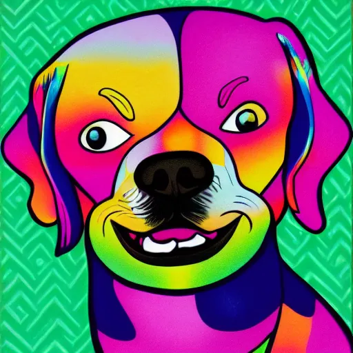 Prompt: a portrait of a dog with large cartoon eyes in the style of lisa frank