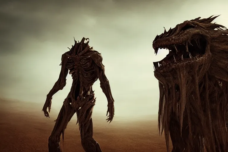 Prompt: looking up at a tall humongous angry monster made of flesh and bones, standing tall in the desert, elden ring boss, realism, photo realistic, high quality, misty, hazy, ambient lighting, cinematic lighting, studio quality, scary