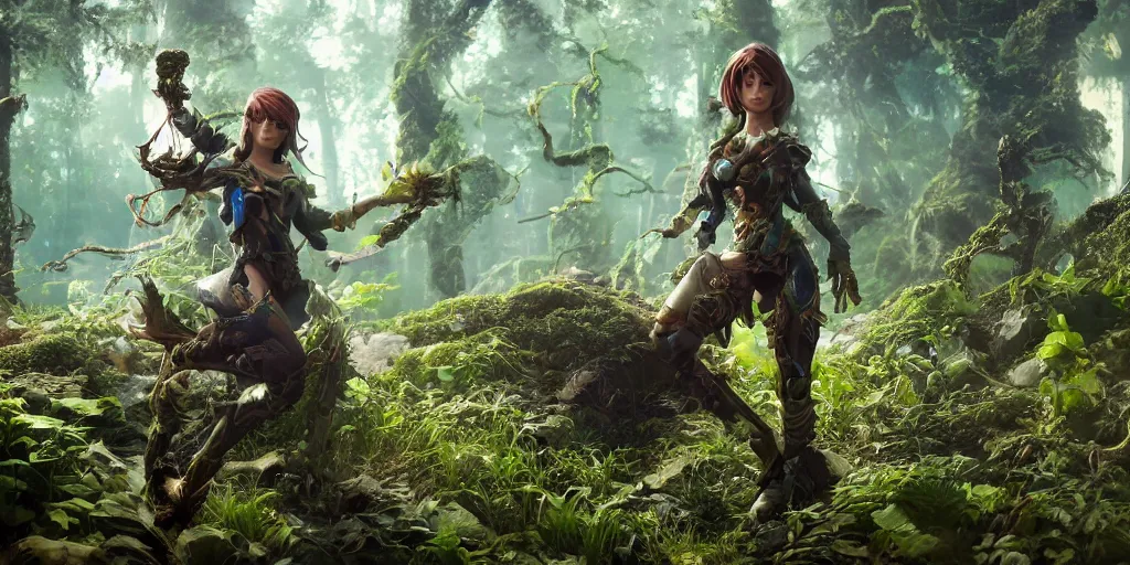 Image similar to female earth mage, high quality character design, action pose : : spotlight, magical, biopunk, forestpunk, forest, mushrooms, high detail, 8 k, oled, shadows, reflections, digital art, official art, octane render, dynamic camera angle, unreal engine