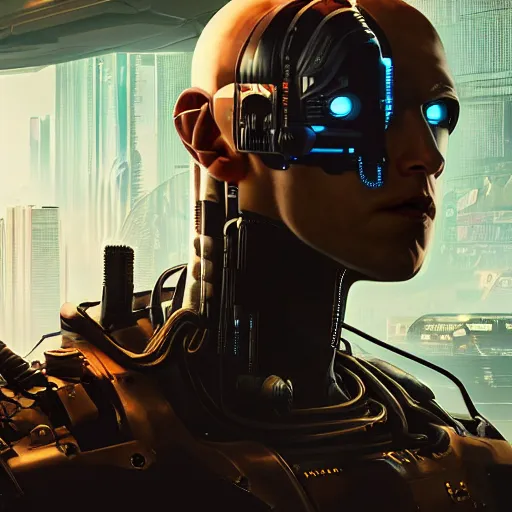 Image similar to imposing, ominous portrait of cyborg Mark Zuckerberg as a cyberpunk 2077 loading screen, symmetry, front view, intricate, studio, art by anthony macbain + greg rutkowski + alphonse mucha, concept art, 4k, sharp focus