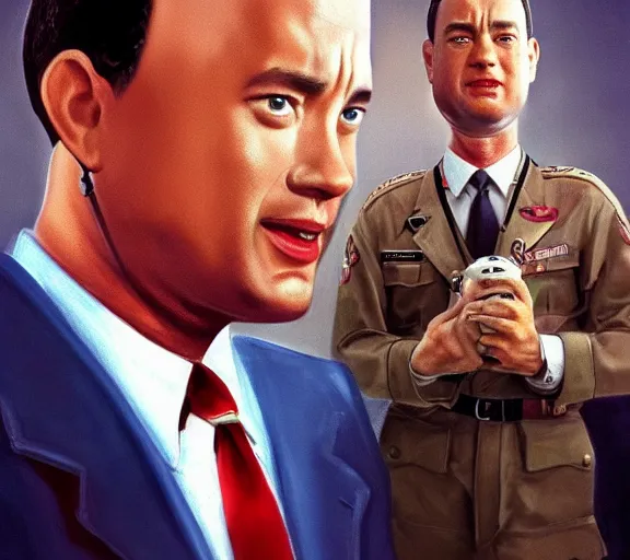 Image similar to Tom hanks as forrest gump wearing a shrimp necklac , realistic face, digtal art, amazing detail, artstation