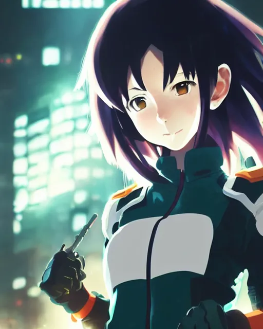 Image similar to portrait of anime girl in mechanic armor in night tokyo by makoto sinkai, my hero academia,greg rutkowski, perfect face, fine details