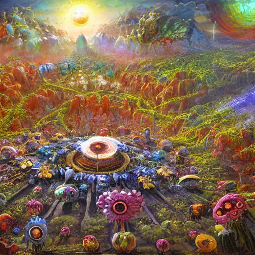 Prompt: extraterrestrial rebirth of life in the land as new era of peace and prosperity begins, flowers and fruits, banners, on ancient post - apocalyptic planet, jim henson creature shop, vivid and colorful, thomas kincaid, cinematic, oil painting, highly detailed, illustration