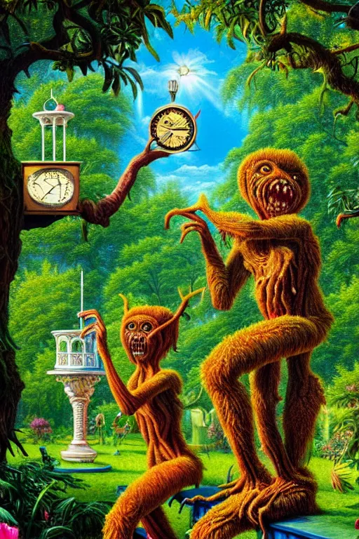 Prompt: a hyperrealistic painting of a tree creatures in the garden on a sunny day watching an ornate sundial. cinematic horror by chris cunningham, lisa frank, richard corben, kinkade, highly detailed, vivid color,