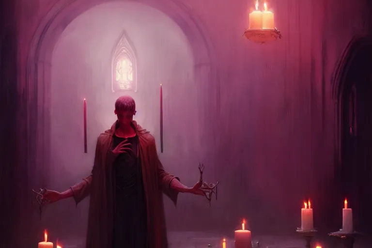 Image similar to Character concept art of Pretty guy male necromancer bringing dead to alive, casting dark magic spell. Castle room, lots of candles, barely lit warm violet red light, many transparent souls comes through the floor By greg rutkowski, tom bagshaw, beksinski