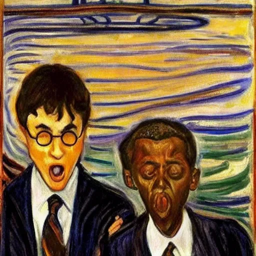 Prompt: obama and harry potter together shouting in unison on the scream edvard munch's painting, style of monet, museum masterpiece, worth a lot, sothebys