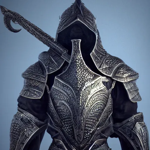 Image similar to detailed hypperrealistic artstation render, full body front view of a scaly black cloaked man, wearing a metal knights helmet, carries a large knights blue greatsword in his hands, in addition tentacles emerge from his back like wings