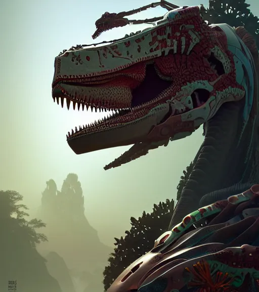 Image similar to symmetry!! portrait of a hybrid robot dinosaur, floral! horizon zero dawn machine, intricate, elegant, highly detailed, ray tracing, digital painting, artstation, concept art, smooth, sharp focus, illustration, art by artgerm and greg rutkowski and alphonse mucha, 8 k