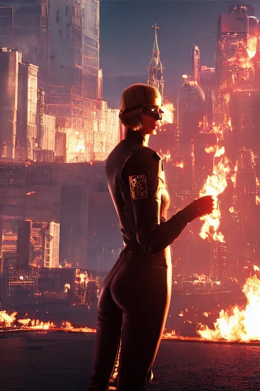 Prompt: in the foreground Saint Petersburg in cyberpunk, in the background a magnificent young blonde woman from behind playing with flames coming out of her hands wearing a long matrix-style jacket, realistic, high definition, many details, dramatic scene, symmetrical face, eyes realistic, cyberpunk art 2077