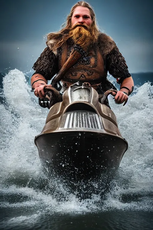 Image similar to old vintage full body photo of ancient viking warrior with full beard on the complex complex steam punk jet ski with antigravity engine during big viking event, extreme sports photography ,super high speed photography, dynamic photography,symmetrical face, clean face, muscular body, high speed,dirt and grawel in air, lens flares, dust partiles in the air, dramatic lighting, intricate, highly detailed, centered, smooth, sharp focus, sports photography, old photo, black and white, sepia, cinematic lighting, cinematic angle, national geographic