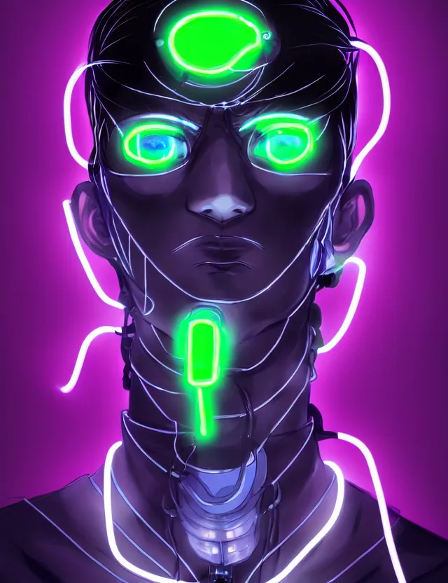 Image similar to a detailed manga portrait of a black haired man with a cybernetic body and face mask with glowing neon purple lights, trending on artstation, digital art, 4 k resolution, detailed, high quality, sharp focus, hq artwork, coherent, insane detail, character portrait