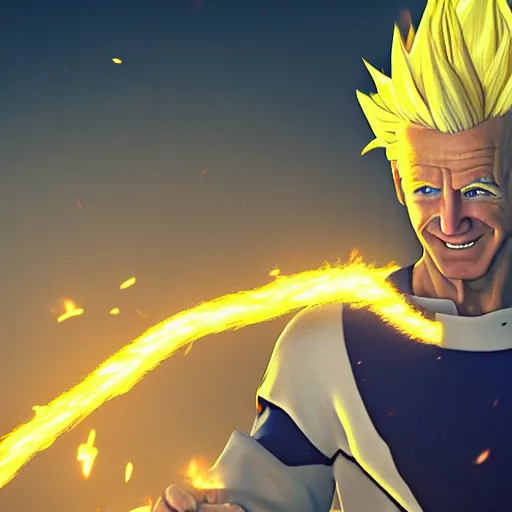 Image similar to joe biden as a super sayan at full power, photograph, 8 k, octane render, unreal 5, ultra detailed, super sharp and crispy.