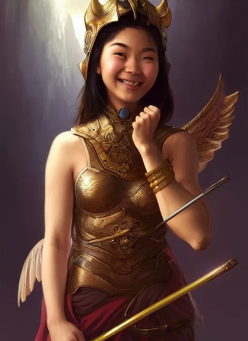 Image similar to Close-up portrait of smiling young asian woman wearing a winged helmet and bare shoulders, holding a magic staff, portrait, highly detailed, digital painting, artstation, concept art, sharp focus, illustration, art by artgerm and greg rutkowski and alphonse mucha