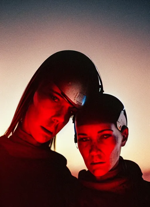 Image similar to cinestill 5 0 d photographic portrait of two loving female androids wearing rugged black techwear on a desolate plain with a red sky, extreme closeup, cyberpunk style, dust storm, 8 k, hd, high resolution, 3 5 mm, f / 3 2, ultra realistic faces, ex machina