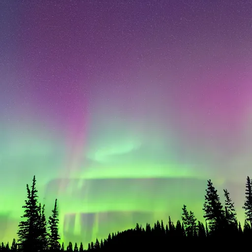 Prompt: Distant photo of a radio tower at night firing white light into the sky and connecting with an aurora borealis of energy. Ambient lighting, realistic