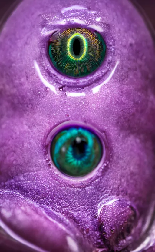 Image similar to macro shot, close-up of a purple squid eye, intricate iris, ultrarealistic, highly detailed, octane render, ray tracing