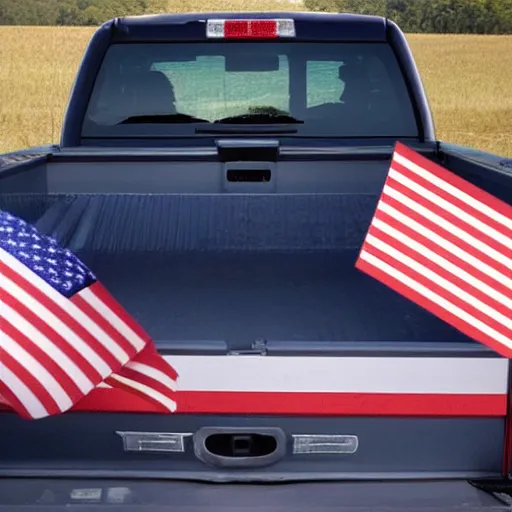 Image similar to pgoto of trump pickup trucks with american flags, there are very attractive woman in the back of the truck.