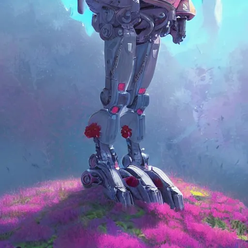 Prompt: floating robot sentinel enjoying picking up flower on alien planet colorful, fantasy, intricate, highly detailed, digital painting, hq, trending on artstation, illustration, style of stanley artgerm and greg rutkowski and dan mumford
