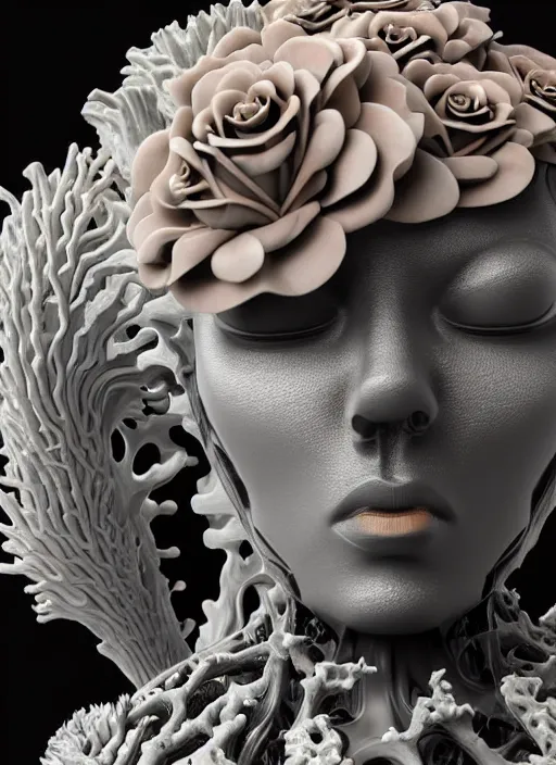 Image similar to biomechanical black statue made of corals, daisies, roses, well contoured smooth fair walls carrying perfume bottle, up close shot, sharp focus, global illumination, radiant light, alexandre ferra white mecha, irakli nadar, octane highly render, 4 k, ultra hd,