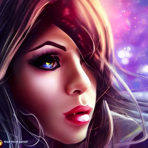 Image similar to portait of haifa wehbe, long hair centred, hd, very detailed curve, unreal engine, sailor moon style, amazing background, rending artstation