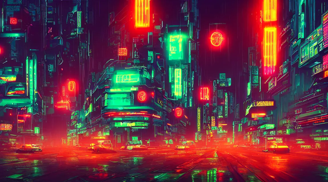 Prompt: retro cyberpunk retro city. street view. max hay. digital render. digital painting. night. raining. rain. neon. road signs. traffic lights. cables. advertisements. stalls. robot. dangiuz.